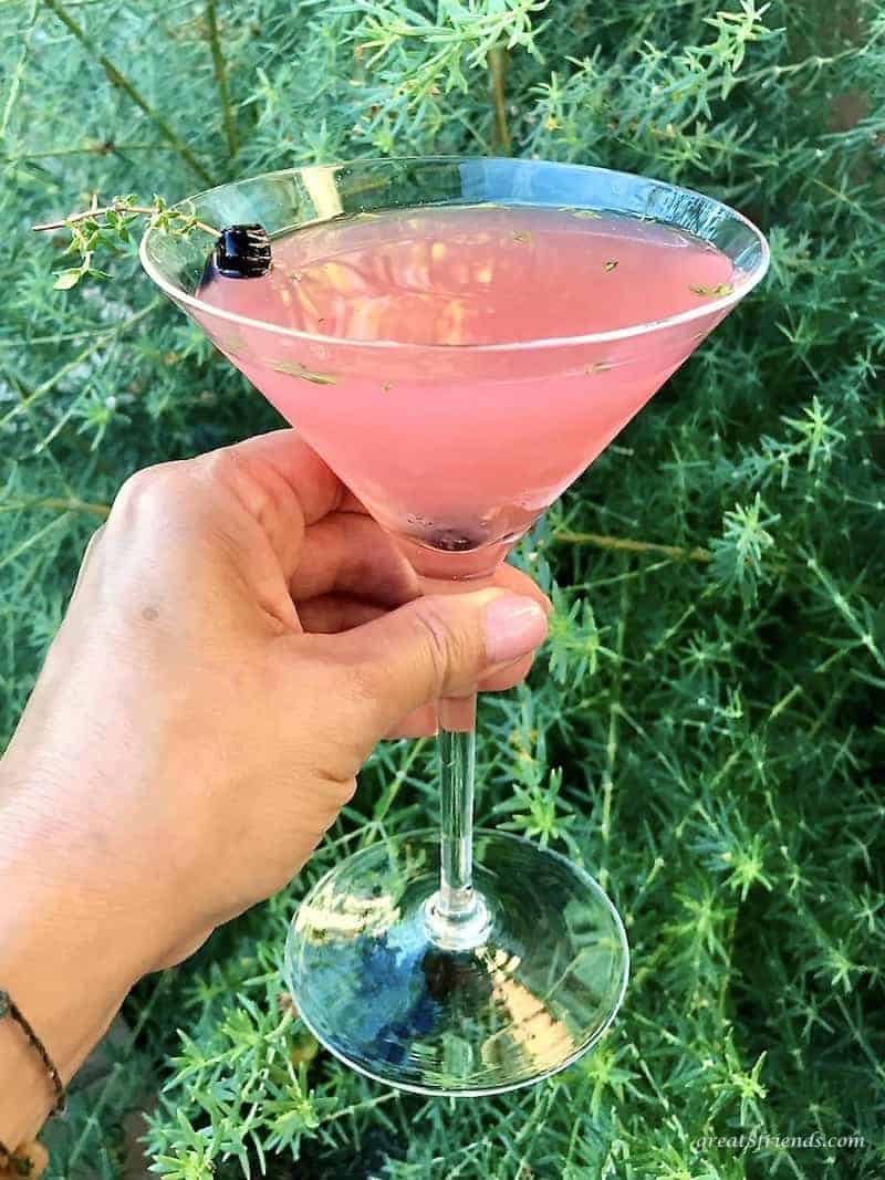 A thyme martini being held in front of a plant.