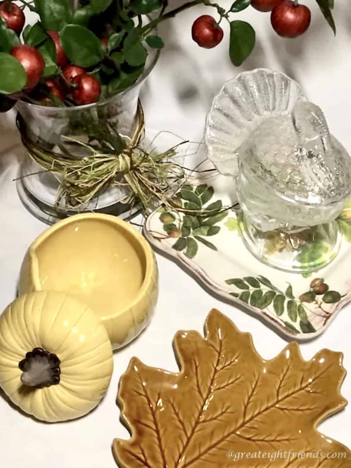 Fall themed glass containers in the shape of a turkey, pumpkin and fall leaf.