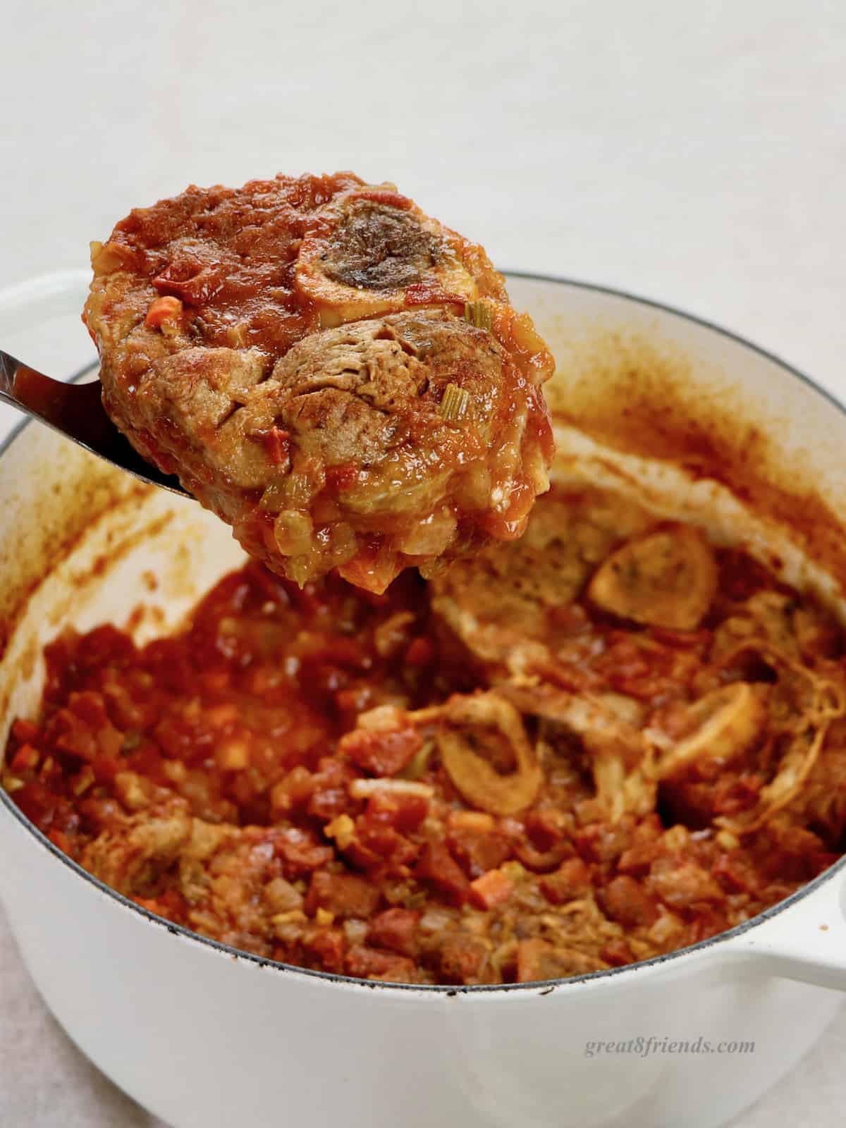 A close up of a piece of osso buco being lifted from the white pot with the rest of the osso buco.