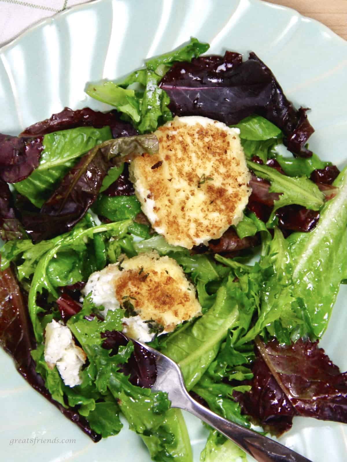 Plate with green salad with goat cheese rounds on top.