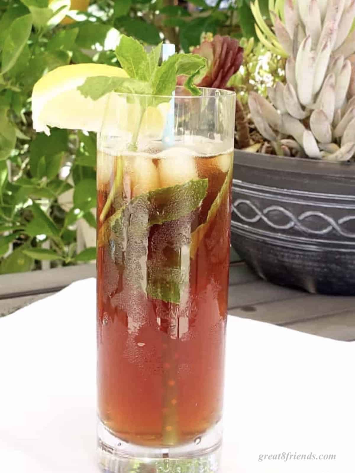 Tall glass of iced tea garnished with a lemon wedge and sprigs of fresh mint.